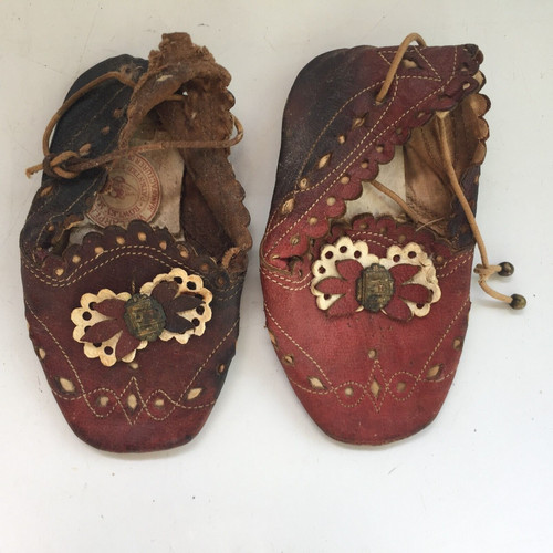 Antique Red Leather Infant Slippers Baby Infant Boot W.E. Carpenters Rowley MA