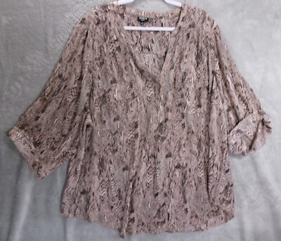 Torrid Women's Plus Sz 4X Brown Snakeskin 1/4 Button Up Blouse 3/4 Roll-Tab EUC