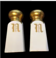 Hutschenreuther Salt and Pepper Shakers Bavaria Porcelain Monogram N Gold White