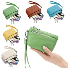 Women's Genuine Leather Wallet Zip Coin Pocket Wrist Strap Change Bag Card Purse
