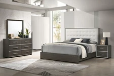 4pc King Size Brown Finish Gray Upholstered Bed Wooden Bedroom Furniture Set