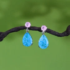 Cute CZ Pink Round Icy Cracked Blue Dangle Drop Earrings for Women Party Jewelry