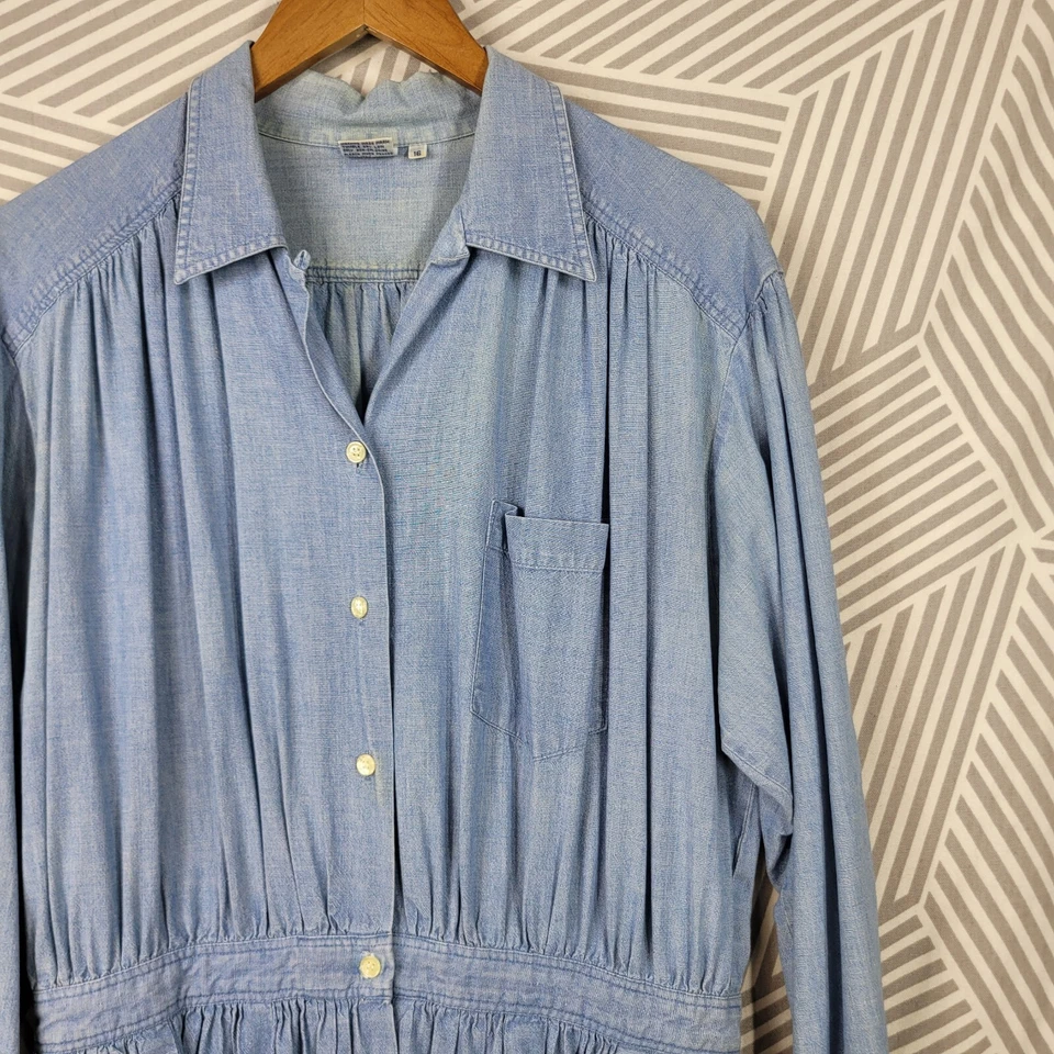 Vintage Denim Shirt Dress Size 14/16 Blue Jean Pockets Modest Distressed Long - Image 3 of 4