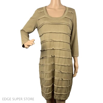 Calvin Klein Metallic Gold Knit Sweater Striped Acrylic Long Sleeve Dress Large
