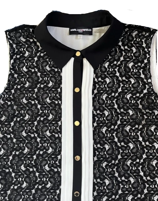 Karl Lagerfeld NWOT Black Lace Overlay White Sleeveless Button Down Shirt Medium - Image 2 of 4