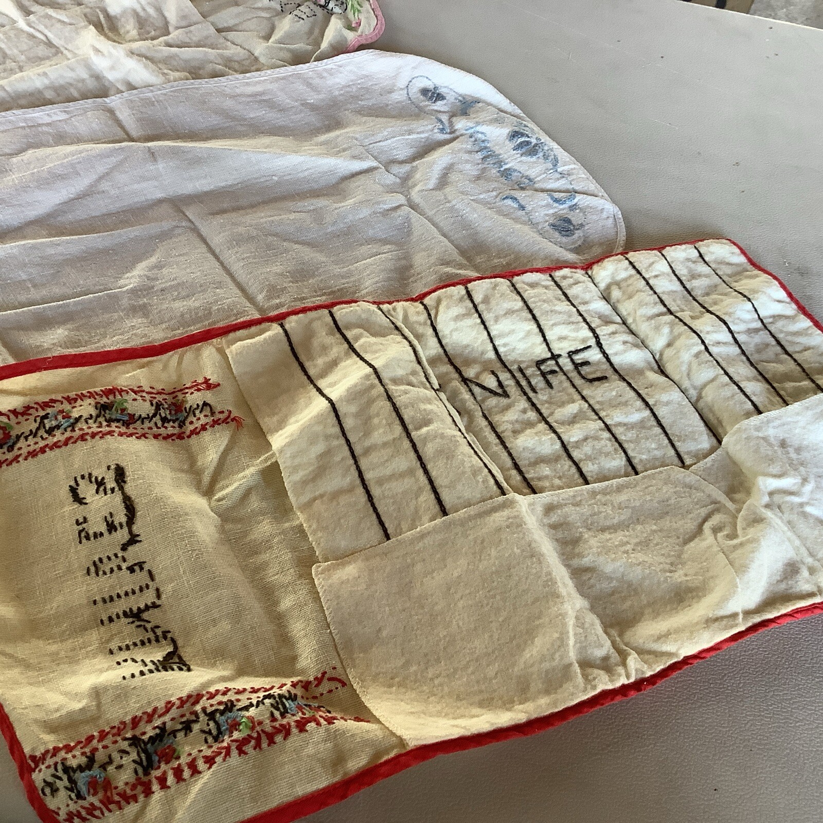 6 Linen Storage Pouch Floral Embroidery Silverware Utensil Holders Knife Forks +