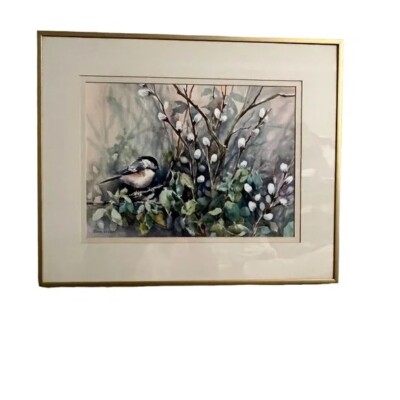 Chickadees and Cherry Blossoms Watercolor Painting, Prints, By Barbara Leyba