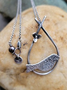 Artisan Perched Bird Pendant Necklace Sterling Silver Bird and Flower