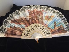 Vintage 1970s Toledo Spain Ladies Fabric Lace Folding Ornate Fan