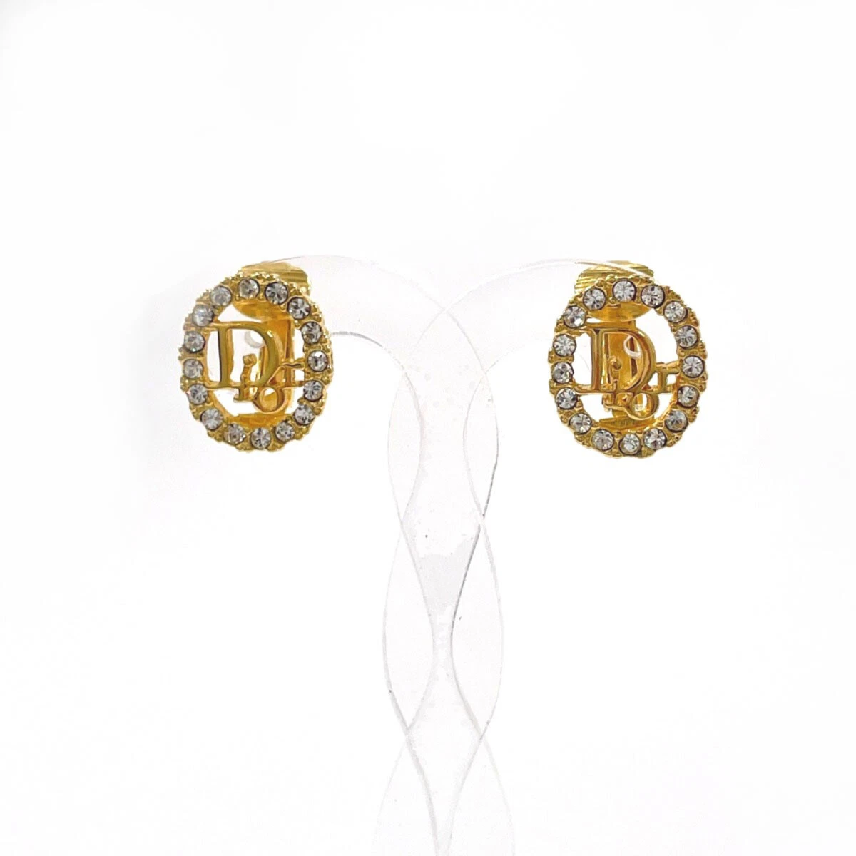 Orecchini Christian Dior logo placcato oro strass donna vintage