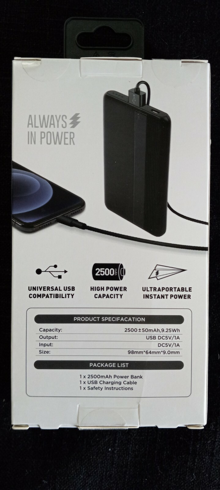 New Shen Zhen DNS Black Battery Pack Ultra Slim 2500 mAh USB Portable