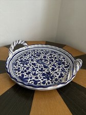 Ciotola ceramica vintage blu/bianco artigianale maiolica italiana latta smaltata manico