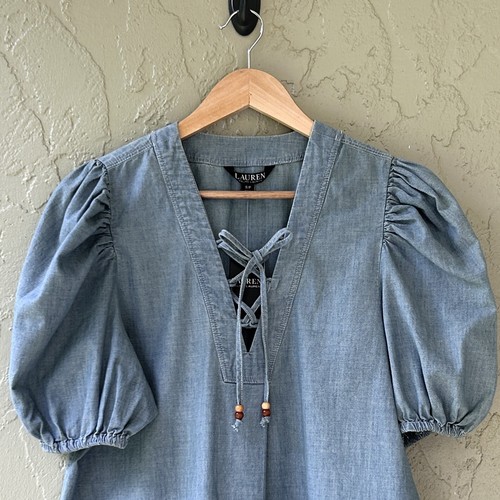 Lauren Ralph Lauren Women's Size Small Blue Chambray Puff Sleeve Blouse Top NWT - Picture 3 of 13
