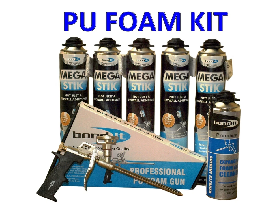 BOND IT PU ADHESIVE FOAM PLASTERBOARD KIT - 5 CANS 750ML GUN + GUN CLEANER MEGA STIK