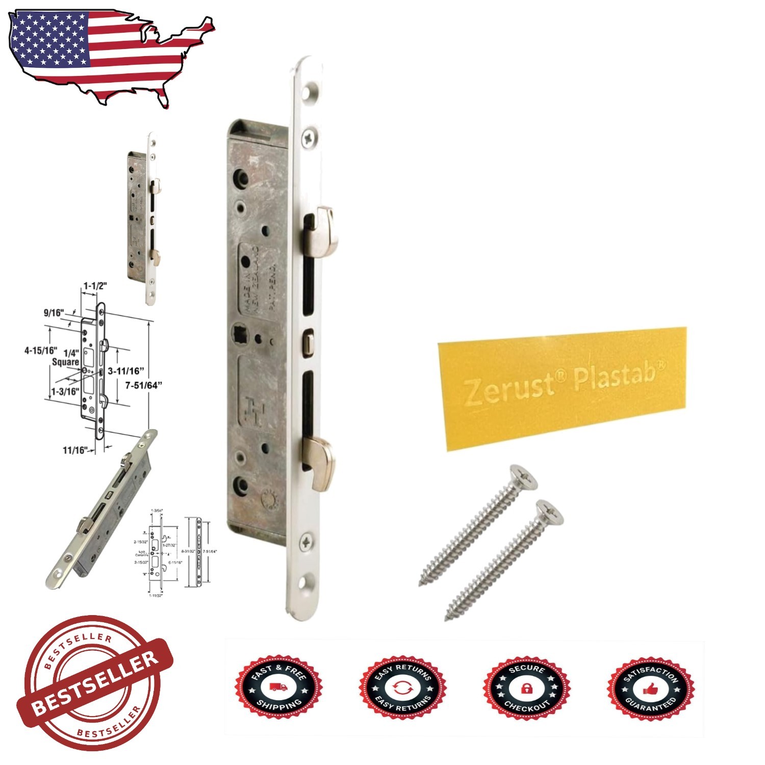 Heavy-Duty Sliding Glass Door Lock, Mortise 2-Point,  Aluminum Faceplate