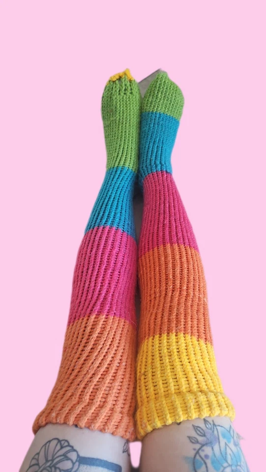 Handmade Knit OOAK Rainbow Thigh High Women's Socks Full Acrylic Blend One Size - Image 2 of 2