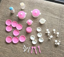 38pc Vintage 1980s Barbie Kitchen Cookware, Utensils, Plates, Cups Pink