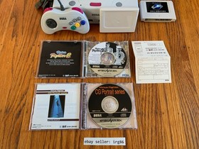 Sega Saturn white Japanese console system in box + 2 games + Pseudo memory cards