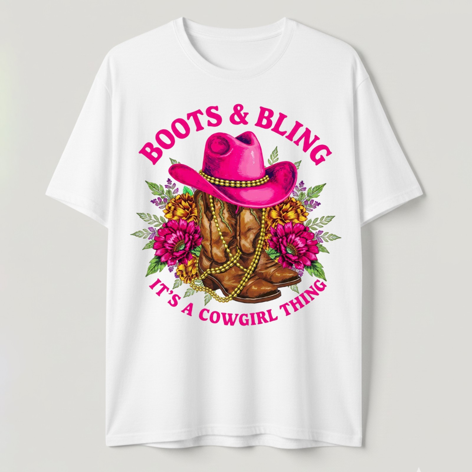 Boots And Bling It's A Cowgirl Thing T-Shirt Pink Cowboy Hat Western Country Tee