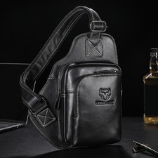 Mens Daypack Travel Shoulder Bag Sling Backpack 100 Genuine Leather Chest bag Z