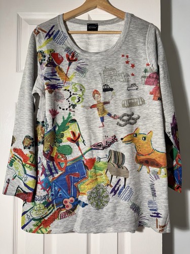 Inoah Art To Wear Colorful Childs Drawing 3/4 Sleeve Tunic Top Sz L All Over