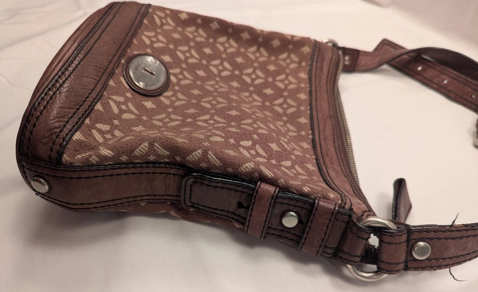 Bolso Cartera FOSSIL Maddox Cuero Lona Marrón Xbody Bucket Hobo Bucket Foto 4 de 4