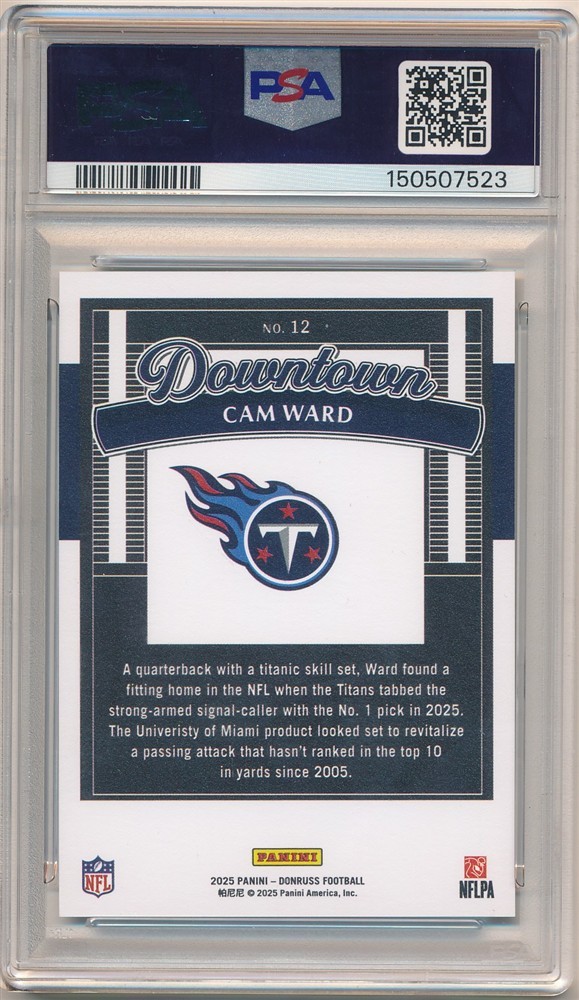 CAM WARD 2025 PANINI DONRUSS #12 RC ROOKIE DOWNTOWN TITANS SP PSA 10 GEM MINT view 2