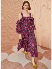 ULLA Johnson Caprice Zinnia Midi Dress Floral Cotton Poplin Off Shoulder Ruffle