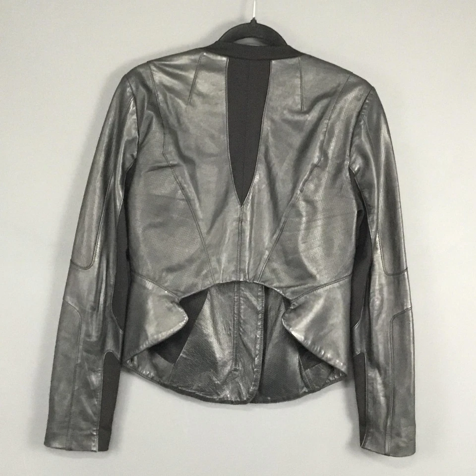 BCBGMAXAZRIA Jacket Womens Medium Black Moto Asymmetrical Peplum Knit Panels - Image 2 of 4