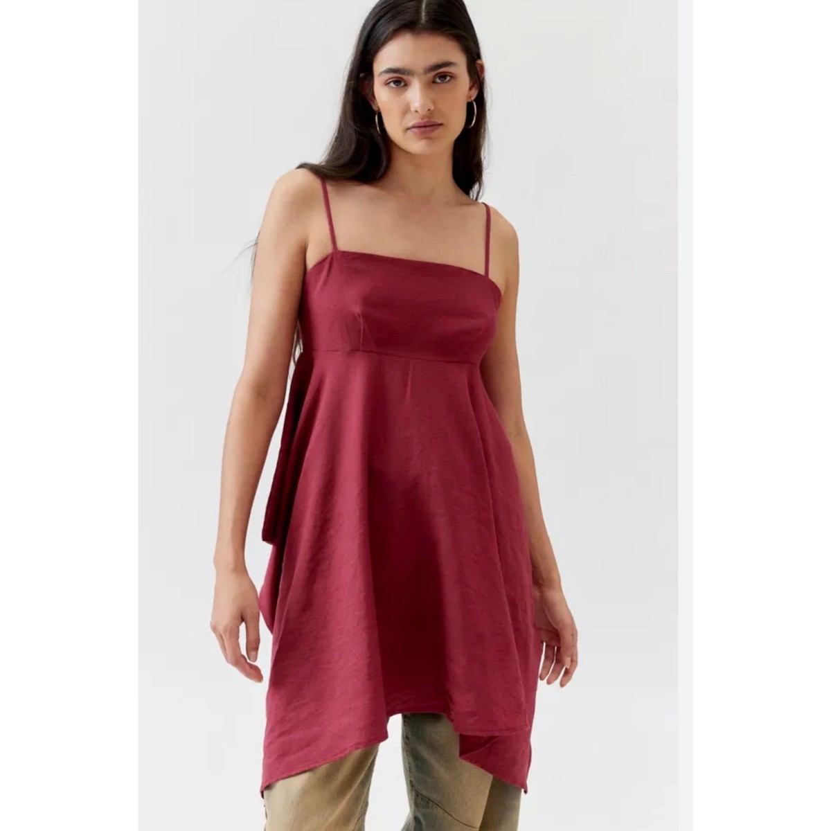Urban Renewal Linen Ecovero Hanky Hem Mini Dress Red XS festival concert  boho | eBay