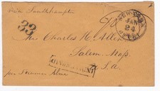 1857 INDIAN MUTINY ERA TRANSATLANTIC INDIA UNPAID COVER SS ALMA WRECKED 1859
