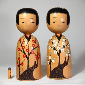 Master KOURAKU ONODERA Kokeshi Pair KOHAKUBAI Japan, 2000 - X-Large: 12" 7 lb