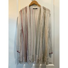 NIC ZOE Womens Striped Open Front Cardigan Linen Blend Red Tan White Large