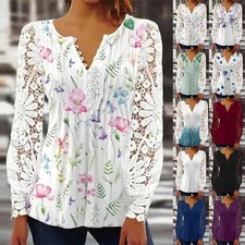 Laides Lace V Neck Tops T-Shirts Ladies Long Sleeves Casual Blouse Tee Plus Size