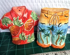 Vtg Clay Art  Hawaiian Beach Theme Shirt and Pants Salt and Pepper Shakers 