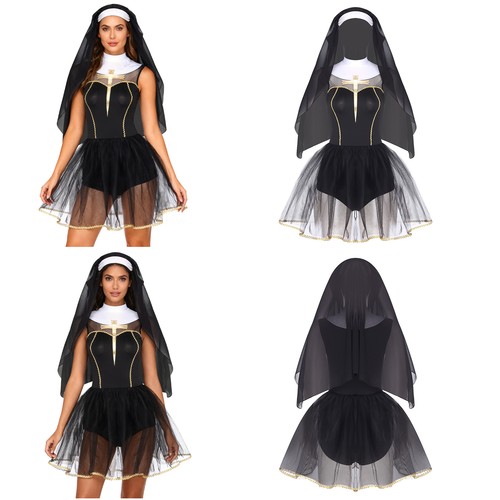 Women's Halloween Nun Cosplay Dress and Wimple Hood for Sister Clergy Dress-up - Bild 16 von 26