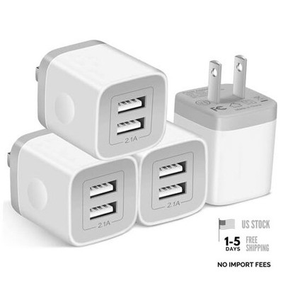 USB Wall Charger, 4-Pack 2.1A Dual Port USB Cube Power Adapter Charger White