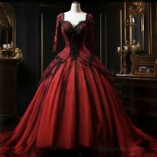 Red Black Gothic Wedding Dress Vintage Victorian Bridal Gowns Satin Lace Sleeve