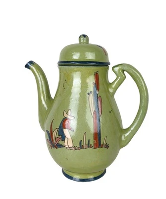 Vintage Tlaquepaque Pottery Green Pitcher with Lid Hand Painted Mexico 1940s 9" - Image 1 of 4