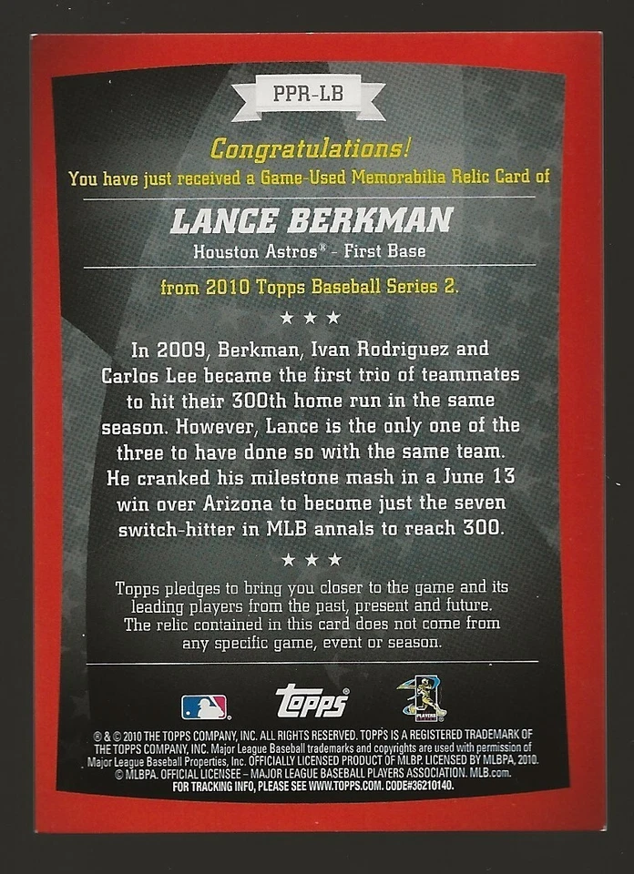 2010 Topps Baseball Lance Berkman Peak Performance Game Used Bat Relic #PPR-LB - Image 2 of 2