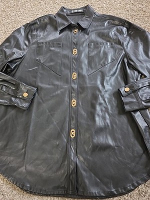 THE KRIPT Black Faux Leather Button Down Size M/L Long Sleeve Shacket EUC    CB1