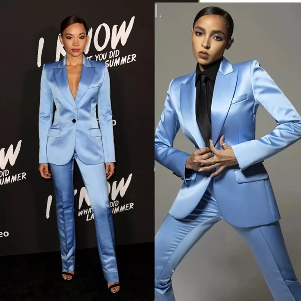 Blue Silk Satin Women Suits Slim Fit Peak Lapel Blazer for Formal Wedding Party