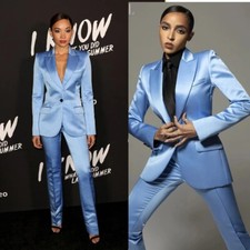 Sky Blue Silk Satin Women Suits Peak Lapel Formal Wedding Office Work Wear 2pcs