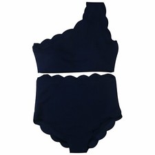 Women High Waisted Scalloped Flounced Trim One Shoulder Swimsuit 2pcs Bikini Set