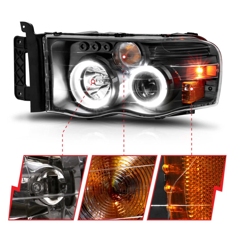 ANZO For 2002-2005 Dodge Ram 1500 Projector Headlights W/ Halo Black Clear Amber Foto 3 de 4