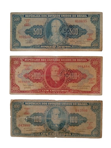 *HH* Lot 3 Banknotes Brazil 100 and 500 Cruzeiros Brasil Coin Centavos 