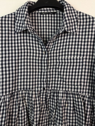 Zara Woman Premium Denim Size Large Long Sleeve Top Gingham Half Button - Picture 3 of 11