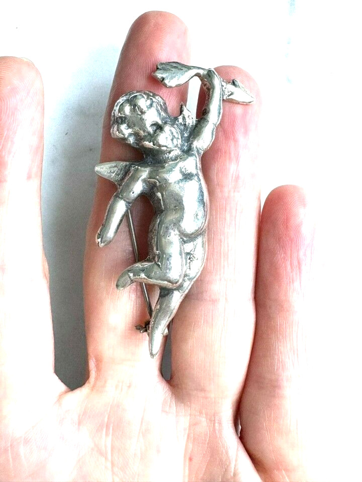 SOLID CAST 925 STERLING SILVER  CUPID BROOCH - image 5