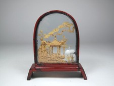 korkschnitzerei skulptur diorama china chinesisch kranich tempel vtg antik kunst