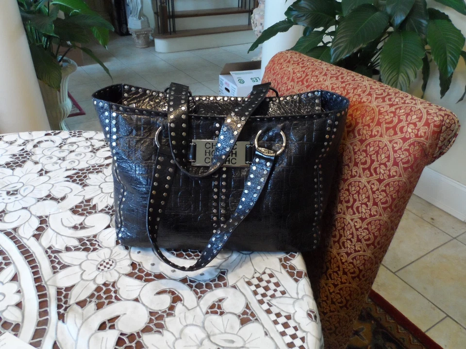 Carolina Herrera Studded Black CH Embosed Patent Leather Tote/Shoulder Bag - Image 4 of 4